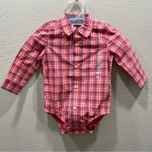 OshKosh Orange Plaid Collared Long Sleeve Button Down Shirt Bodysuit Baby Boy18M